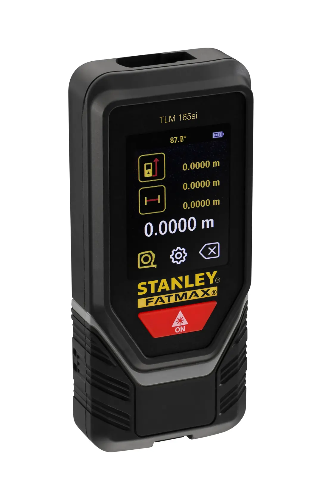 STANLEY SKU STHT1-77142 laser distance measurer FATMAX, black and yellow, angled view on white background.