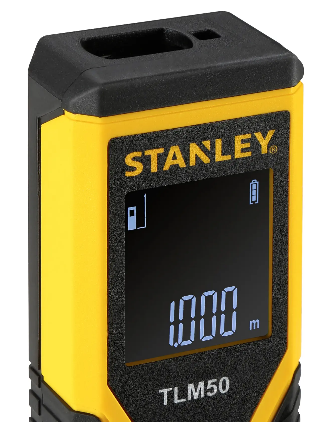 STANLEY TLM50 Laser-Entfernungsmesser SKU STHT1-77409 Vorderansicht, gelb-schwarz mit Digitalanzeige.