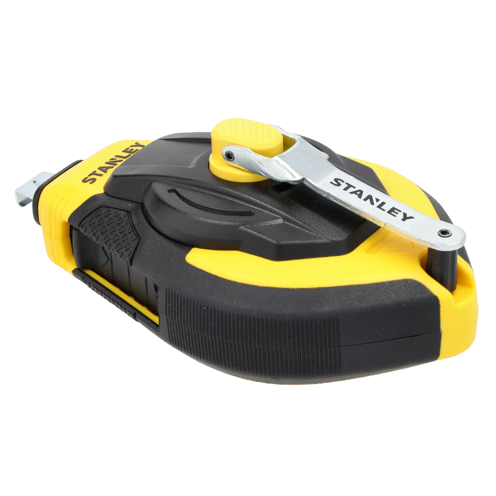 STANLEY STHT47311-0 chalk line reel with yellow and black casing, angled view on white background.