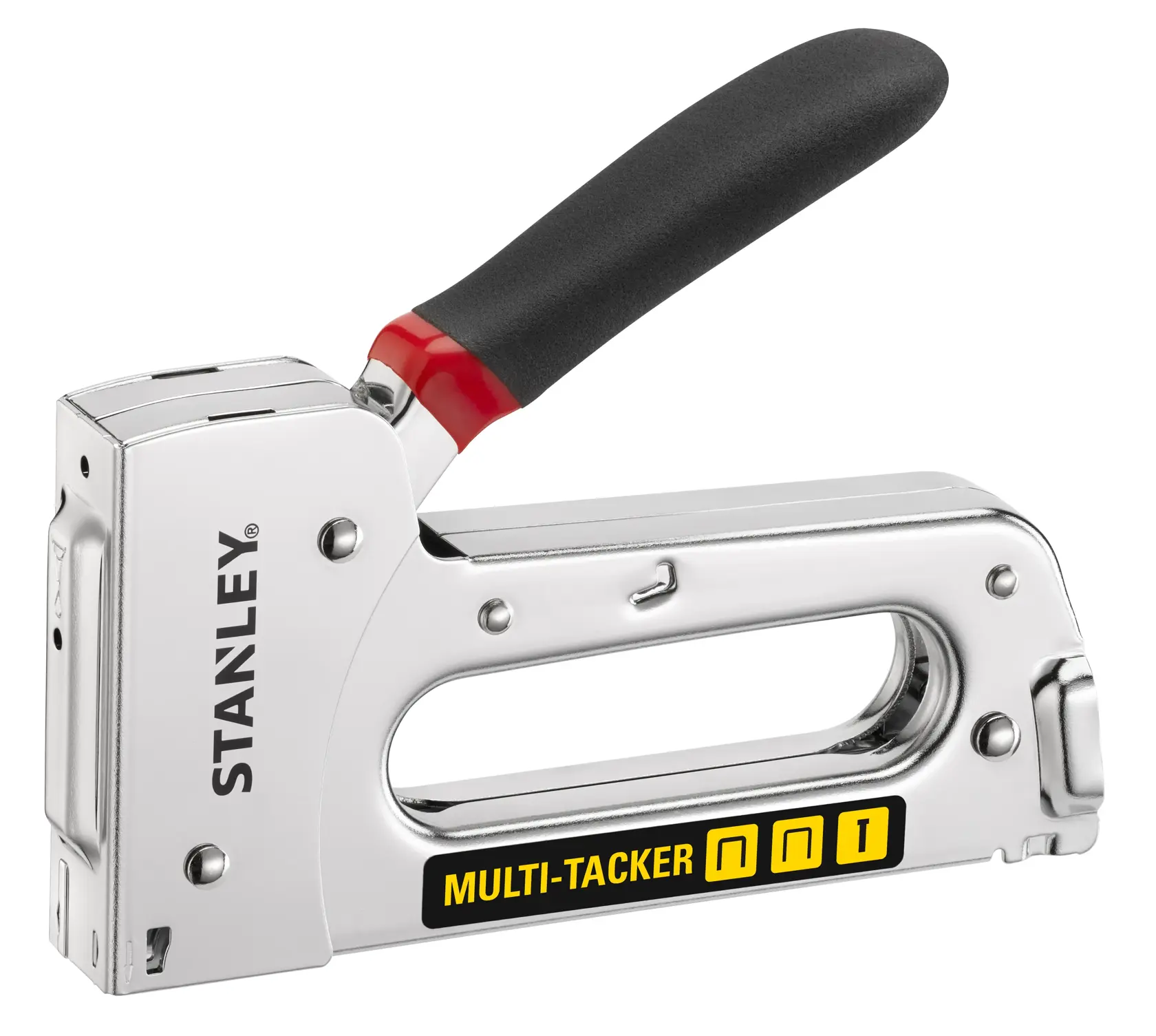 STANLEY STHT6-70410 Multi-Tacker Hefter mit schwarzem Griff, Seitenansicht, Fotografieprodukt.