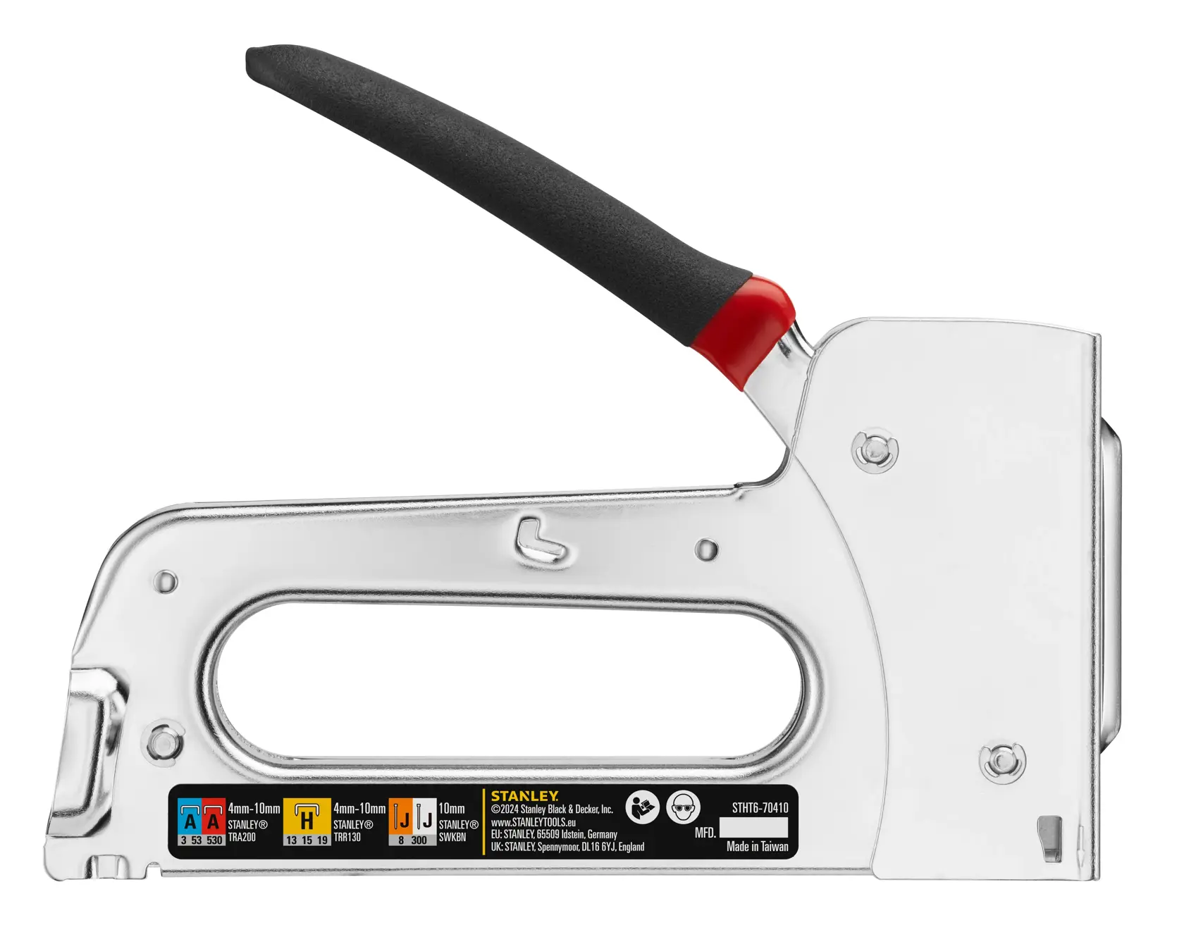 STANLEY STHT6-70410 robuster Tacker, Seitenansicht, mit schwarzem und rotem Griff auf weißem Hintergrund.