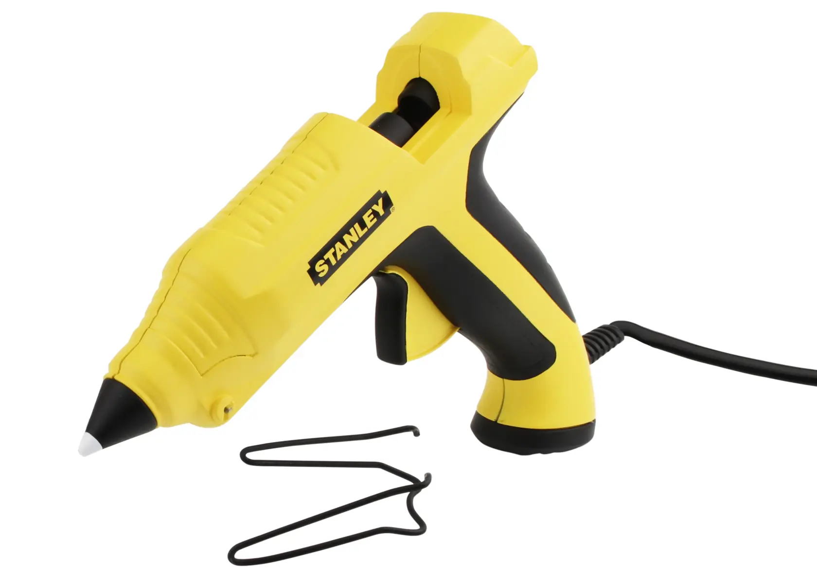 Gelbe und schwarze STANLEY Heißklebepistole mit Kabel und Metallständer auf weißem Hintergrund.