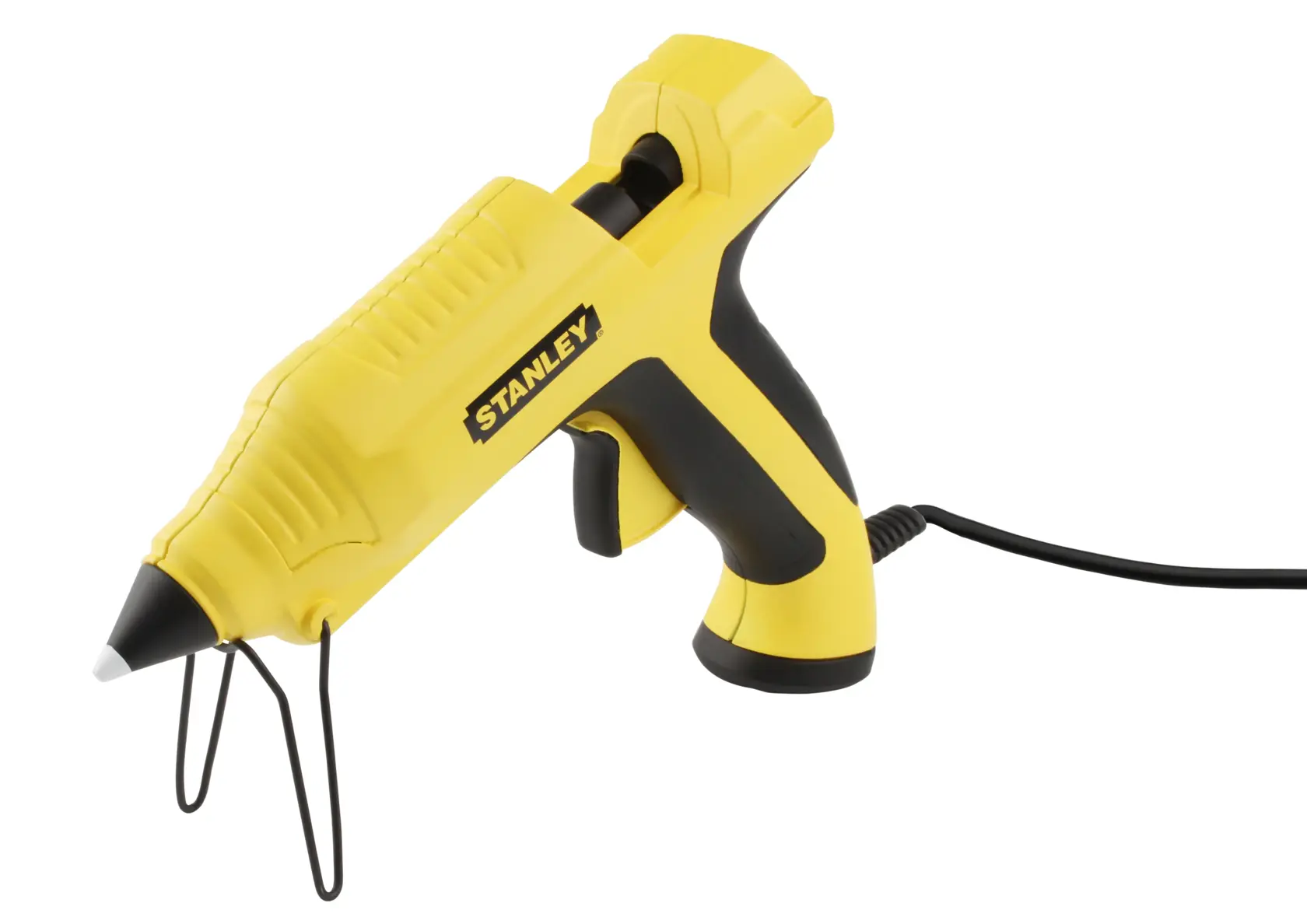 Gelbe Stanley Heißklebepistole mit Ständer und Kabel auf weißem Hintergrund.