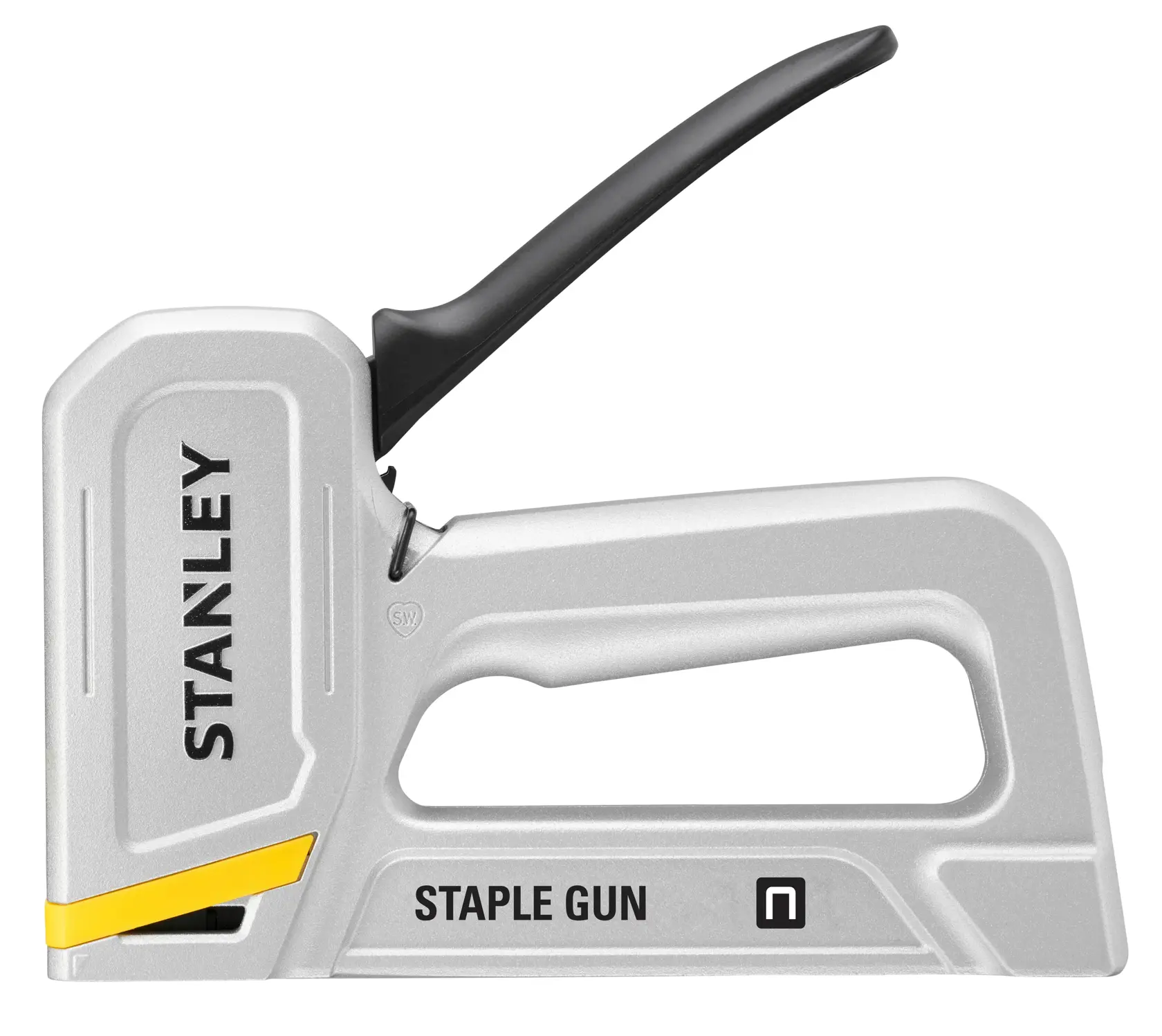 Photo of Stanley STHT70150-0 staple gun, silver and black, side view on white background.