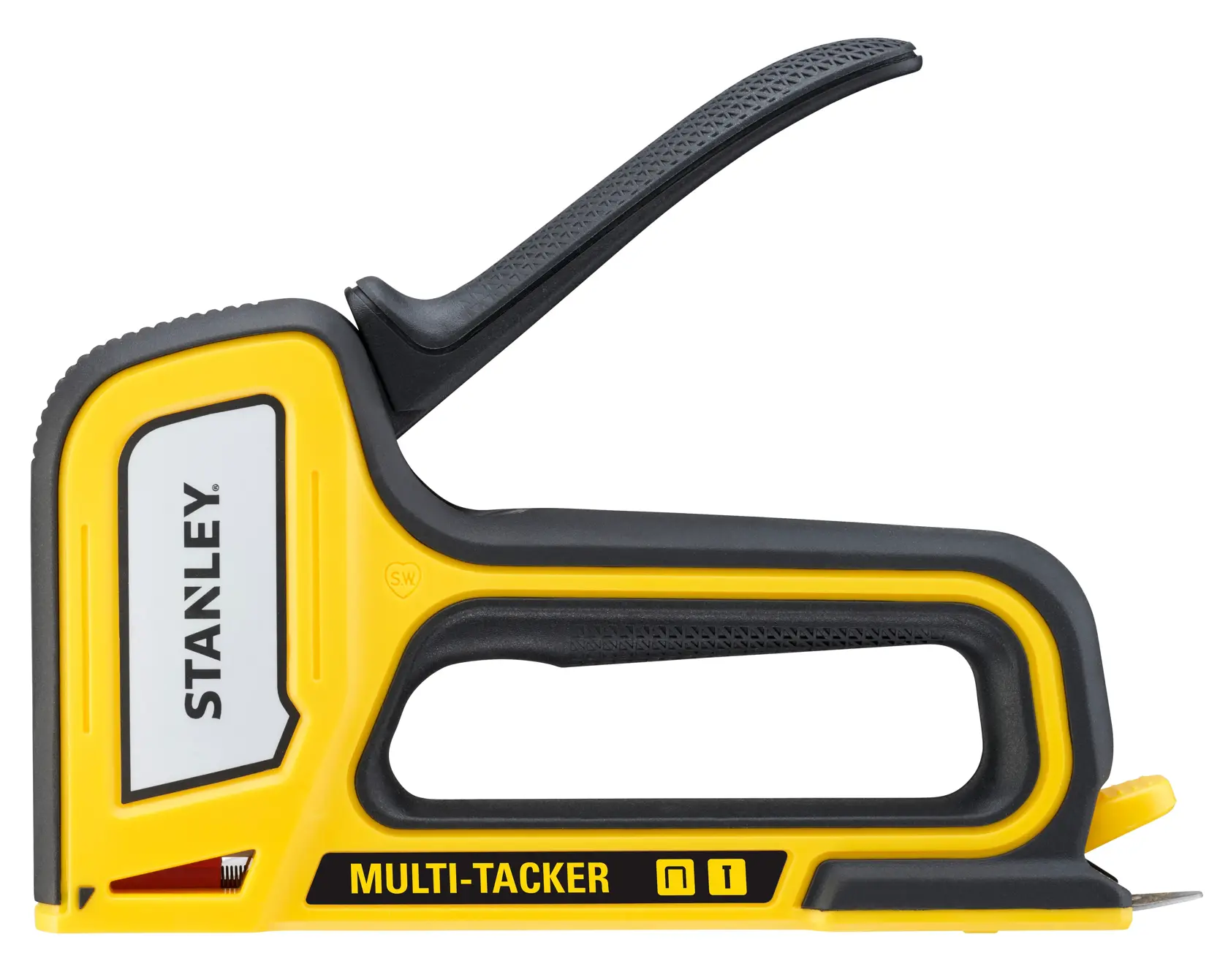 STANLEY STHT70440-0 gelb-schwarzer Multi-Tacker Hefter, Seitenansicht, auf weißem Hintergrund.