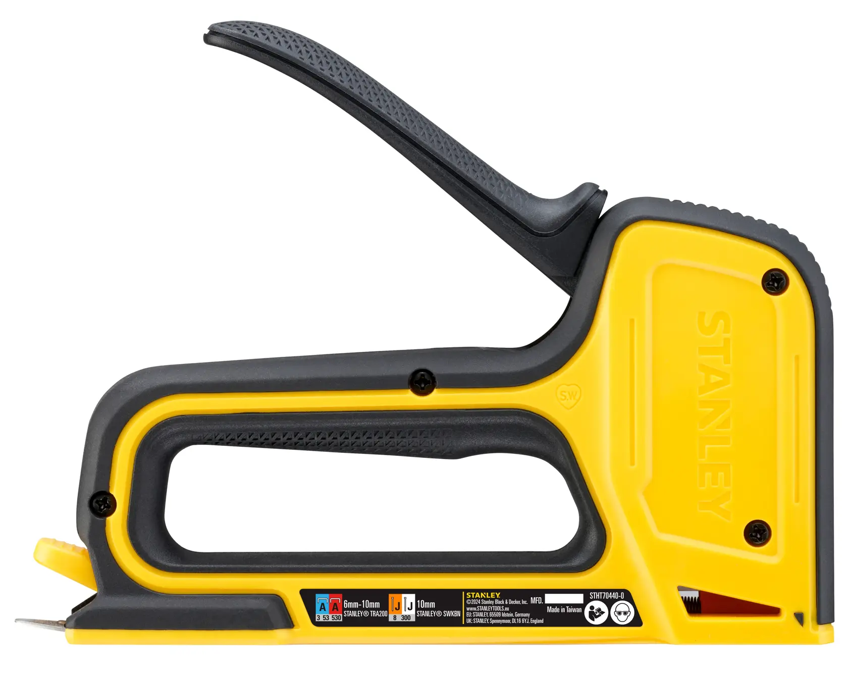 STANLEY STHT70440-0 manueller Tacker, gelb und schwarz, Seitenansicht auf weißem Hintergrund.