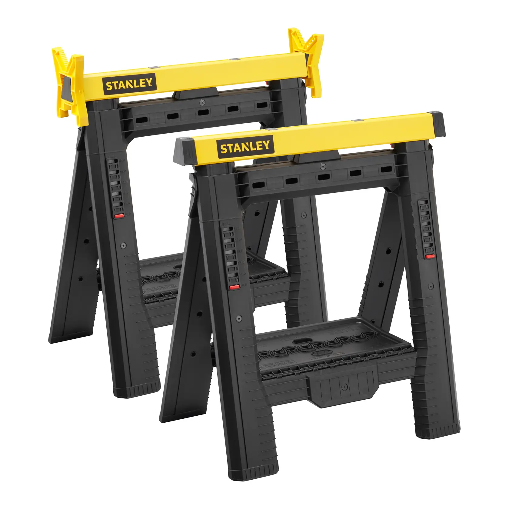 STANLEY STST1-70559 Sägebock-Set, schwarz und gelb, Vorderansicht, robustes Kunststoffmaterial.
