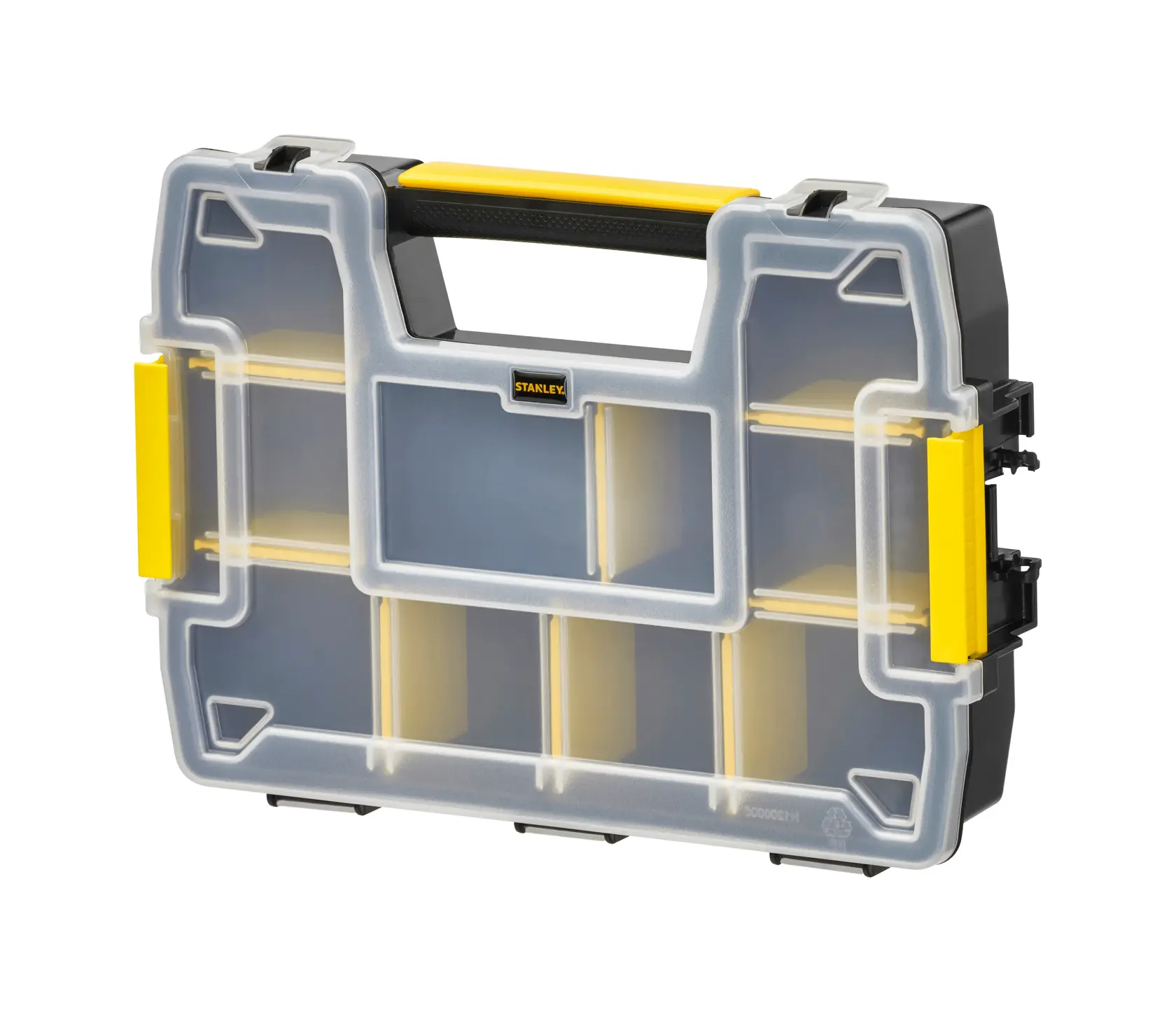 STANLEY STST1-70720 Organizerbox mit gelbem Griff und Fächern, offener Deckel, Vorderansicht.