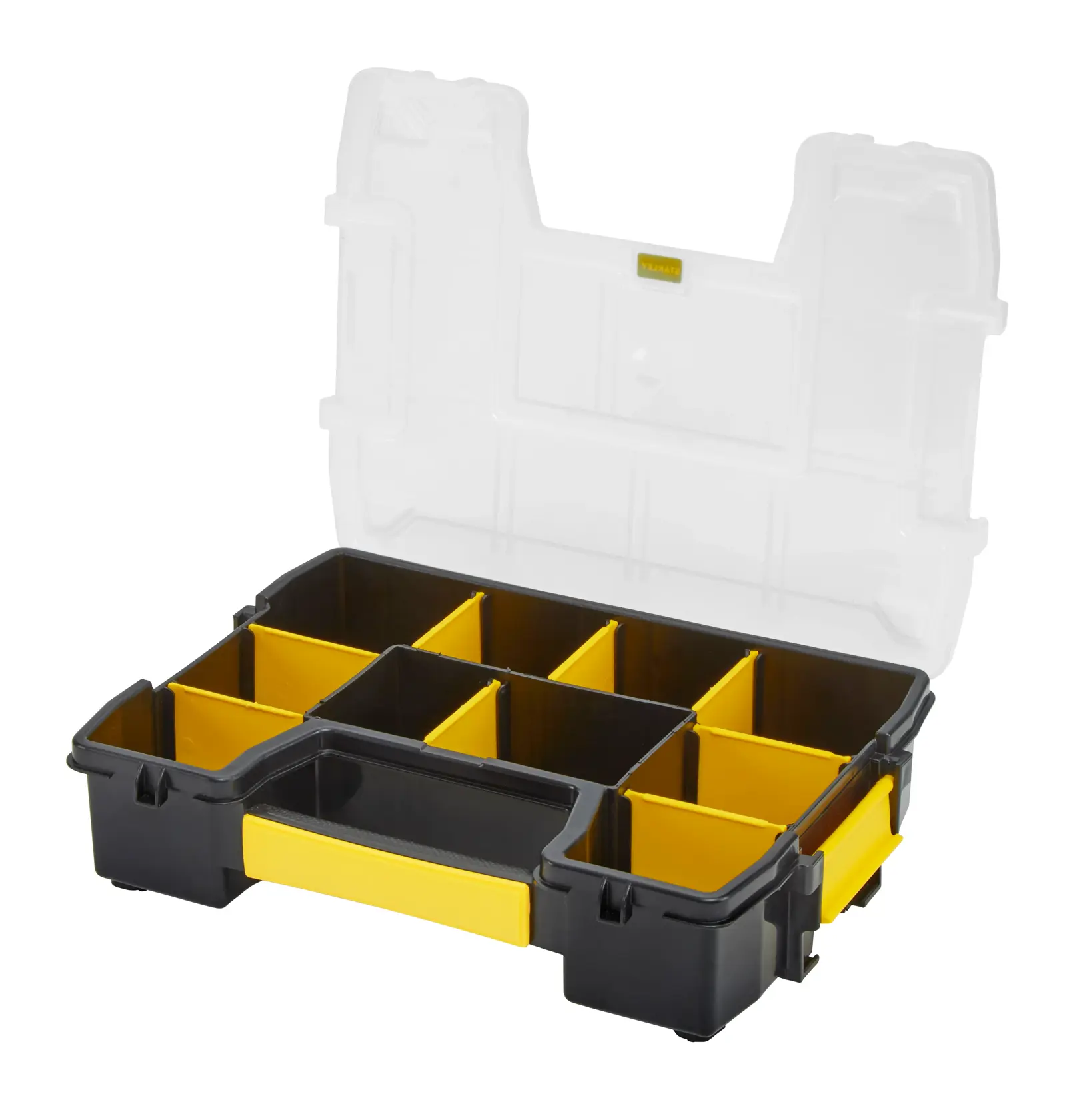 STANLEY STST1-70720 Organizerbox mit gelbem Verschluss, gestapelt, Nahaufnahme einer Hand beim Öffnen.