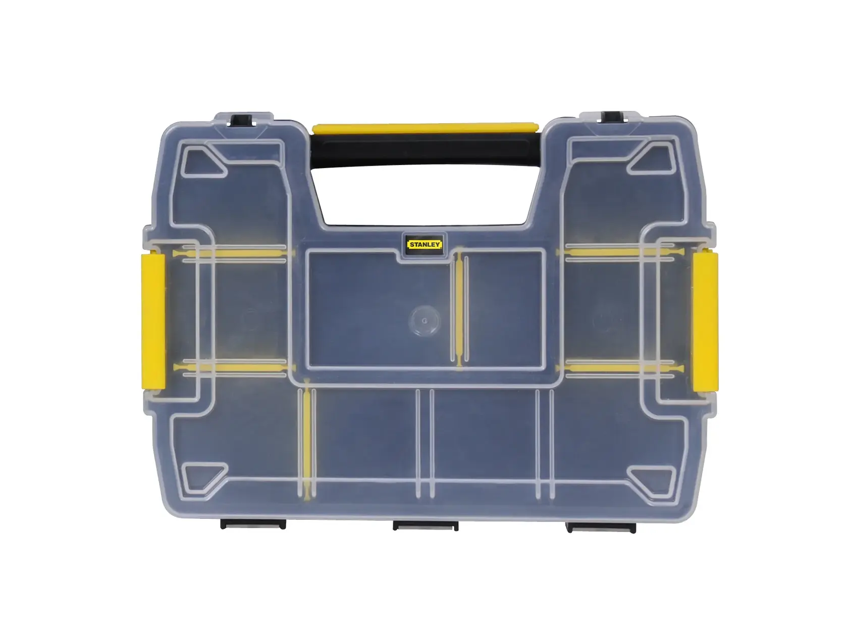 Stanley transparente Kunststoffbox mit gelben Verschlüssen und Griff zum Organisieren kleiner Gegenstände.