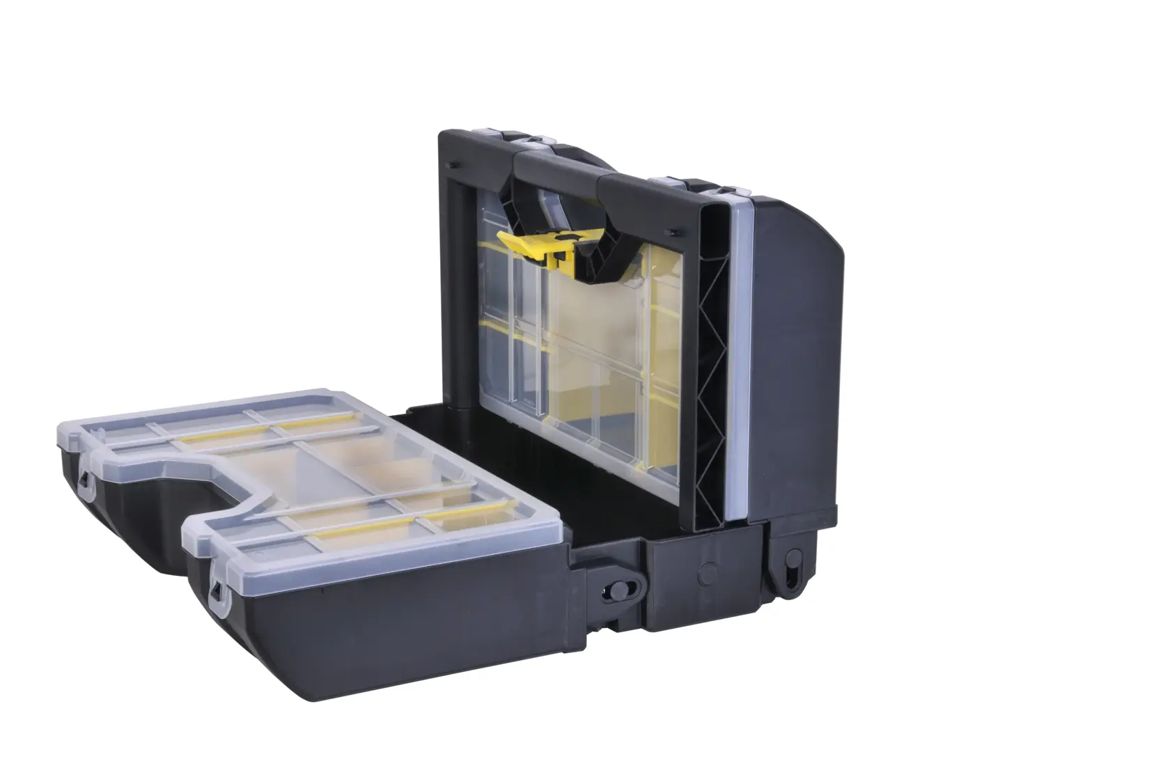 STANLEY STST1-71963 black organizer box with transparent compartments, open front angle.