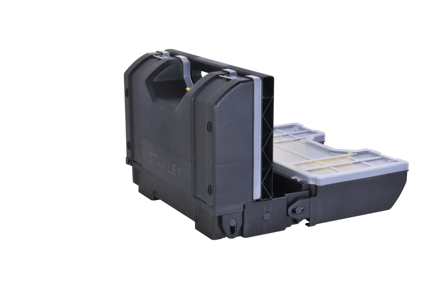 STANLEY STST1-71963 black plastic toolbox with open compartments, angled side view.