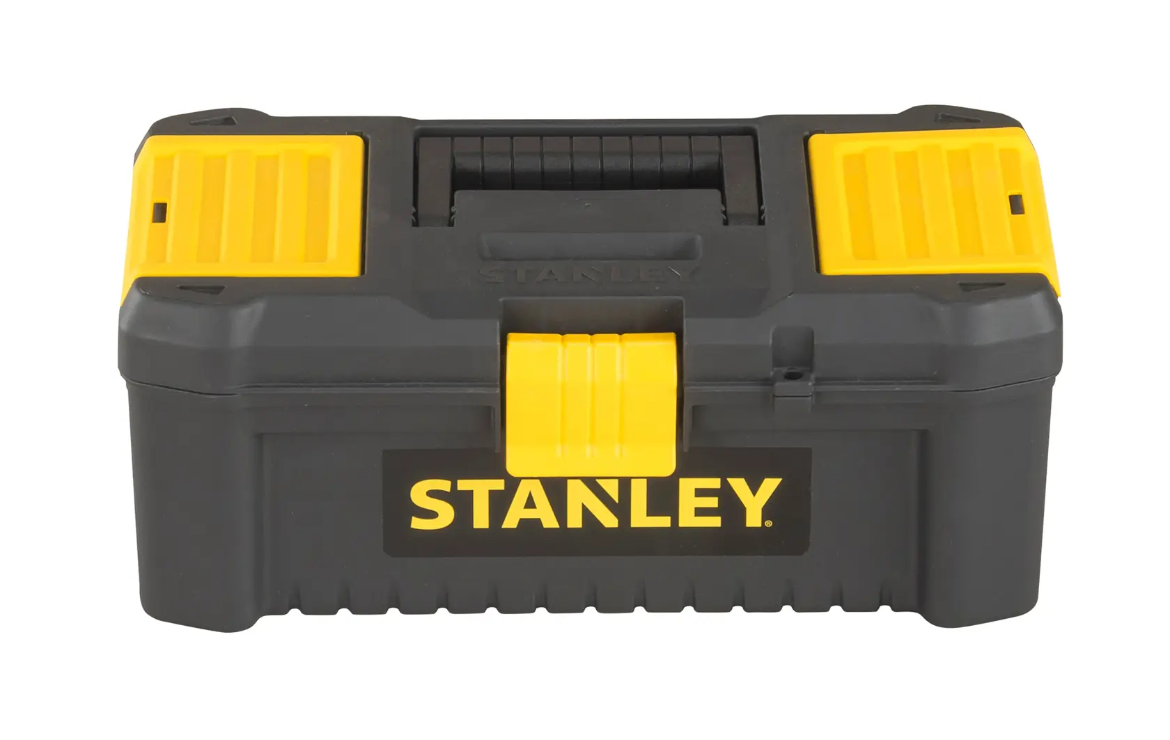 STANLEY STST1-75514 black and yellow plastic toolbox, front view on white background.