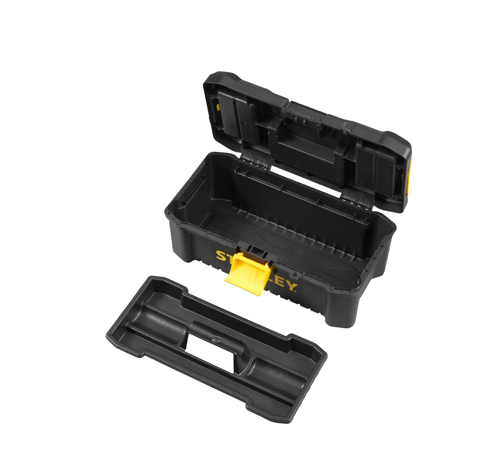 STANLEY STST1-75514 tool box with open lid and removable tray, black plastic, front angle.