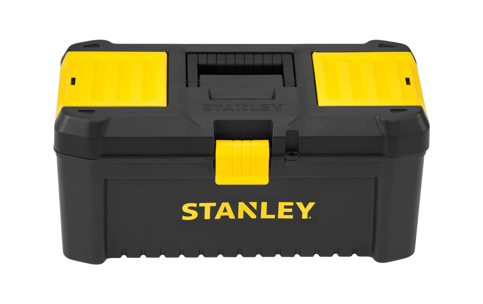 STANLEY STST1-75517 Werkzeugkasten in Schwarz und Gelb, Frontansicht, mit Griff und Verschlüssen, Kategorie Fotografie.
