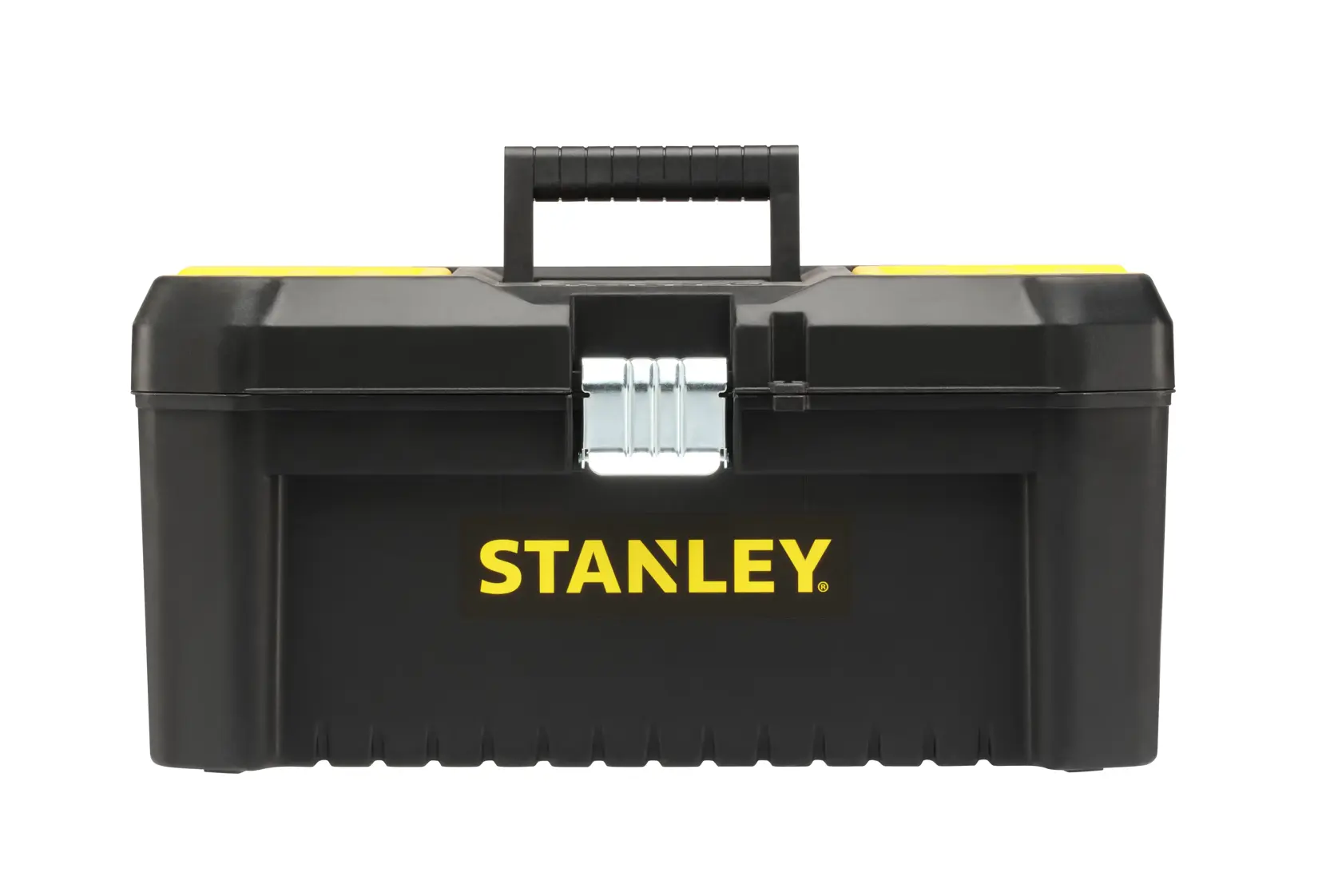 STANLEY STST1-75518-KR schwarzer Werkzeugkasten mit gelbem Logo, Frontansicht, Metallverschluss, Fotografie.