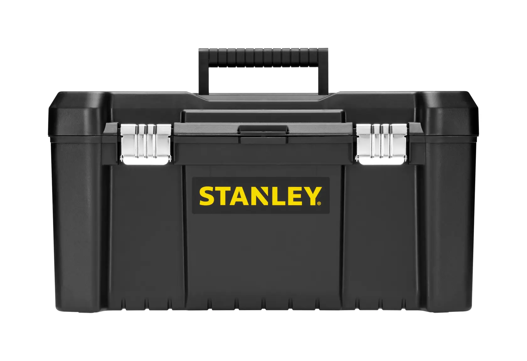 STANLEY STST1-75521 schwarzer Kunststoff-Werkzeugkasten mit Metallverschlüssen, Vorderansicht, weißer Hintergrund.
