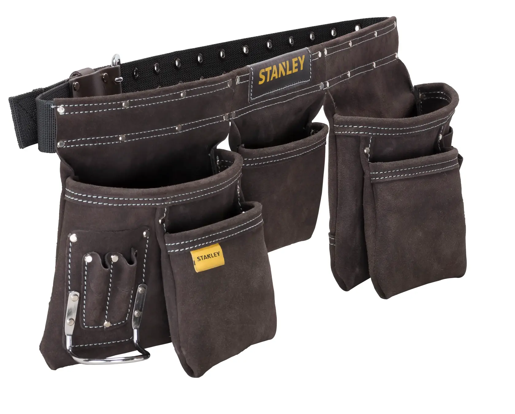 STANLEY STST1-80113 Wildleder-Werkzeuggürtel mit mehreren Taschen, Frontansicht vor weißem Hintergrund.