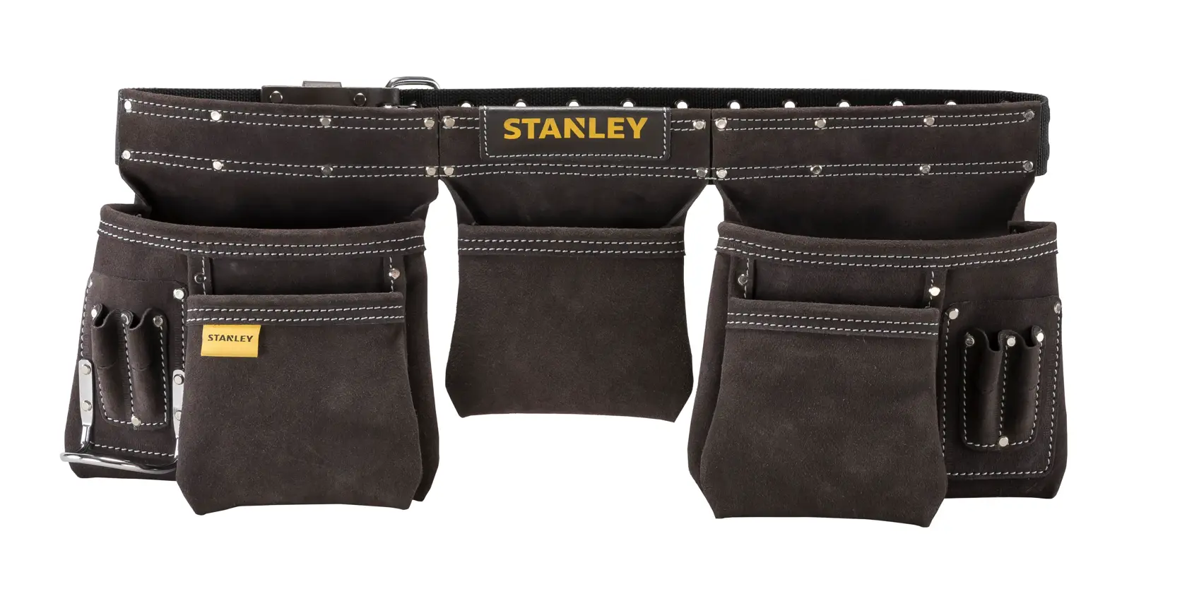 STANLEY STST1-80113 Werkzeuggürtel mit mehreren Taschen aus Wildleder und Kontrastnähten, Vorderansicht auf weißem Hintergrund.