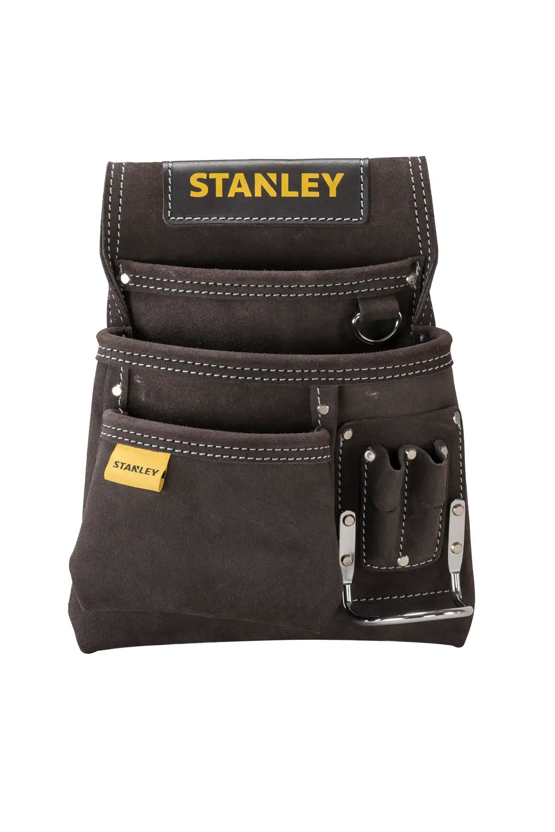 STANLEY STST1-80114 Leder-Werkzeugtasche, dunkelbraun, mehrere Taschen, Vorderansicht, Produktfoto