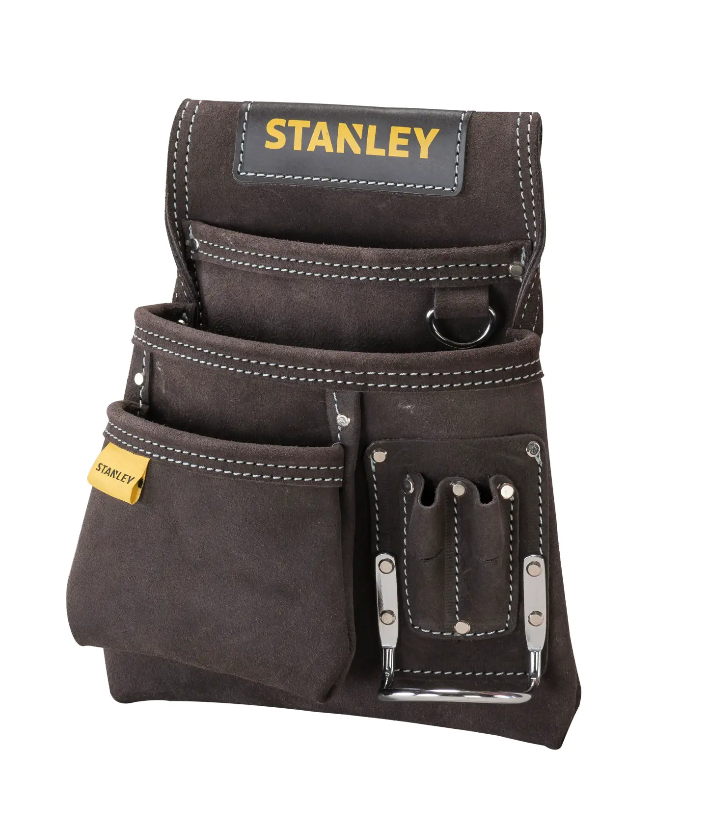 STANLEY STST1-80114 braune Wildleder-Werkzeugtasche mit mehreren Fächern, weißen Nähten und Metallhalter, Vorderansicht.