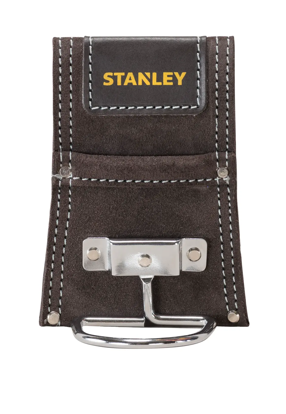 STANLEY STST1-80117 Hammerhalter aus Wildleder mit Metallschlaufe, schwarz mit weißen Nähten, Frontansicht.