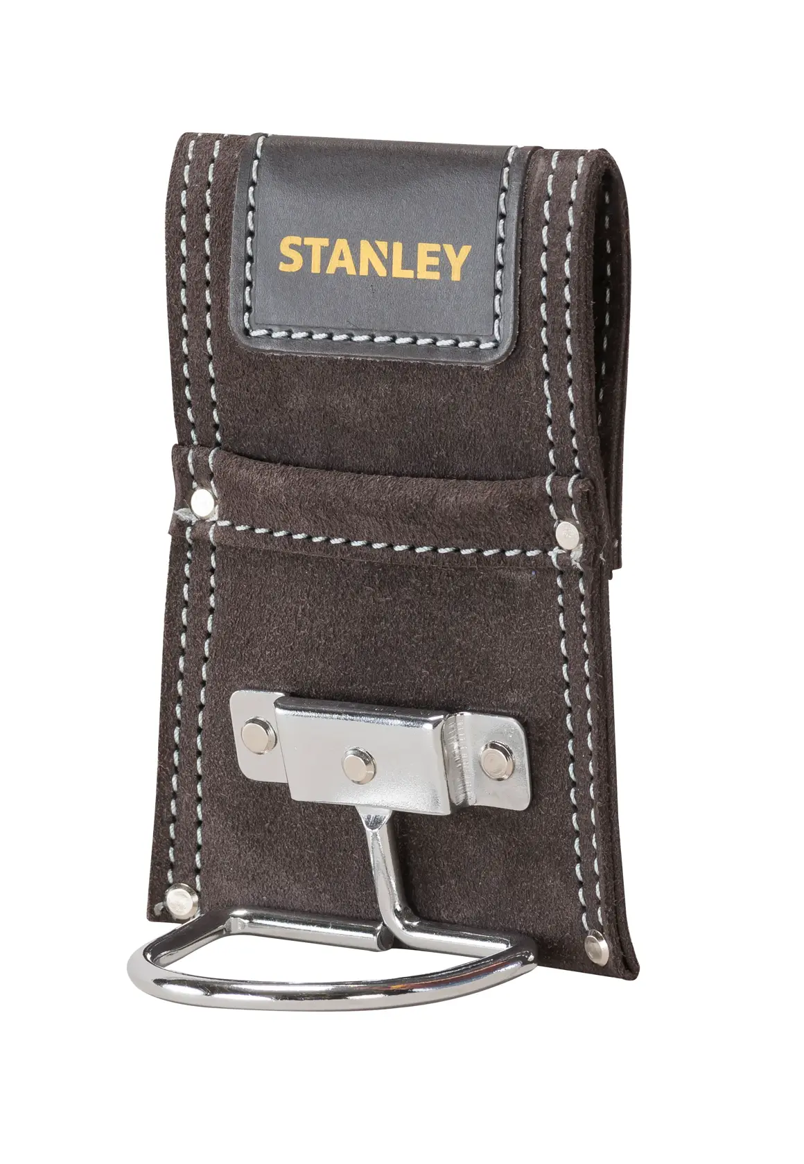 STANLEY STST1-80117 Hammerhalter aus Wildleder mit Metallbügel, schwarz mit weißer Naht, Vorderansicht.