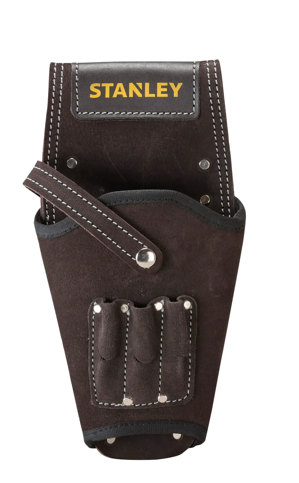 STANLEY STST1-80118 Leder-Werkzeughalter, braun mit weißer Naht, Frontansicht vor weißem Hintergrund.