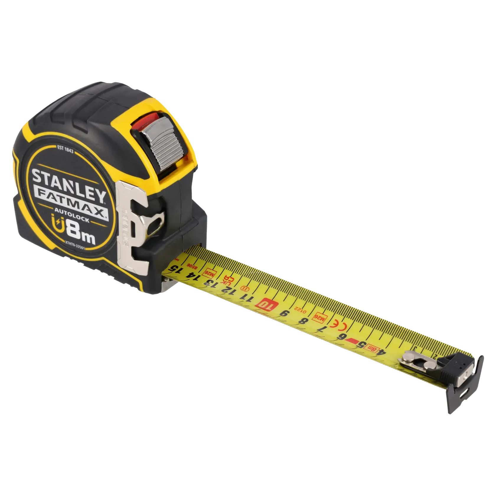 Foto des STANLEY XTHT0-33501 FATMAX Autolock Maßbands, gelbes Band, Seitenansicht auf weißem Hintergrund.