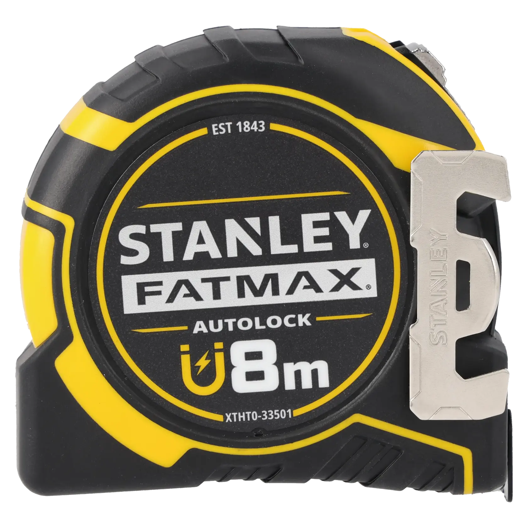 STANLEY XTHT0-33501 Maßband, FATMAX, 8m, schwarz-gelb, Vorderansicht, mit Metall-Gürtelclip.